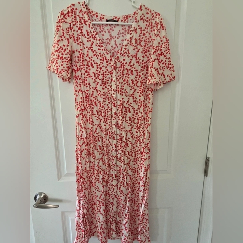 Women's Cream Dress with Red Dot Print - Casual Button-Front
